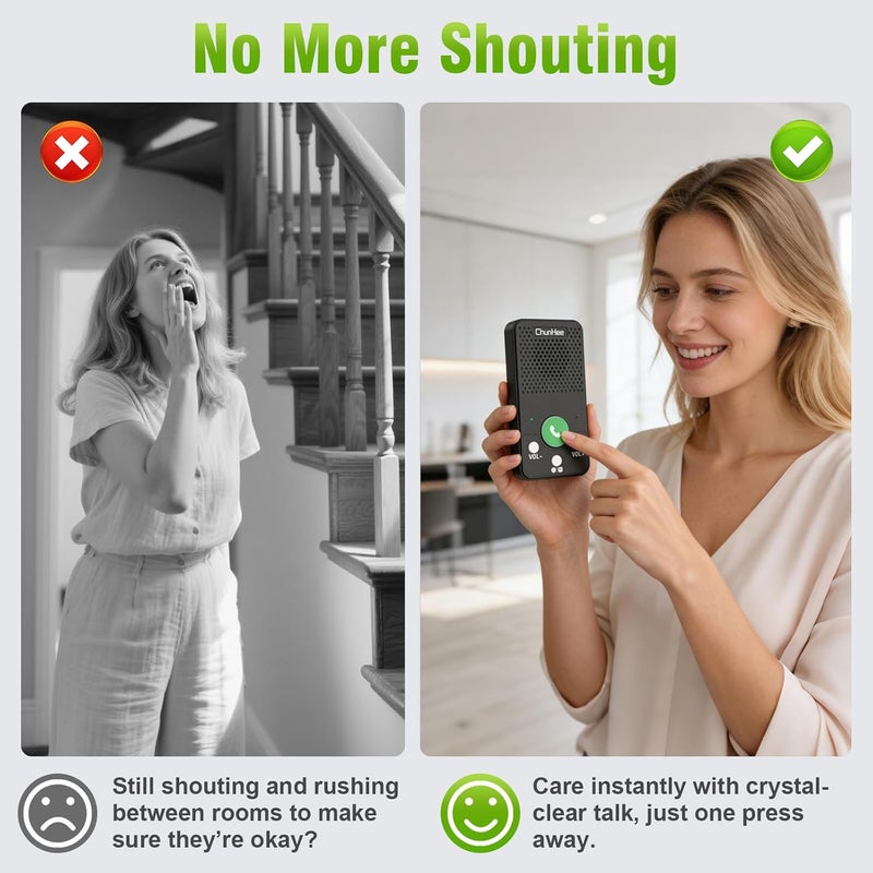 ChunHee 2 Way intercom System for Elderly, Full Duplex Hands Free Talk Wireless Intercom System, Push to Talk | 1000mAh Battery | No WiFi | Cell Needed (2-Pack) - Image 3